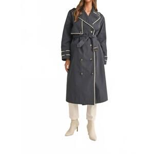 NEW AMIE & CO georgia lace trim trench coat in navy with ivory lace trim